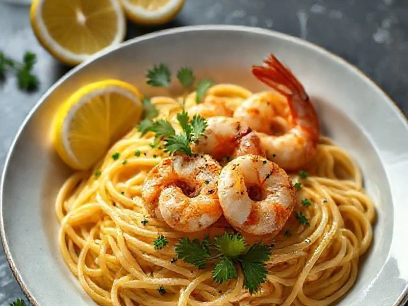 A beautifully plated bowl of shrimp scampi pasta with lemon slices and fresh parsley garnish, ready to eat. - 15 minute shrimp scampi no wine