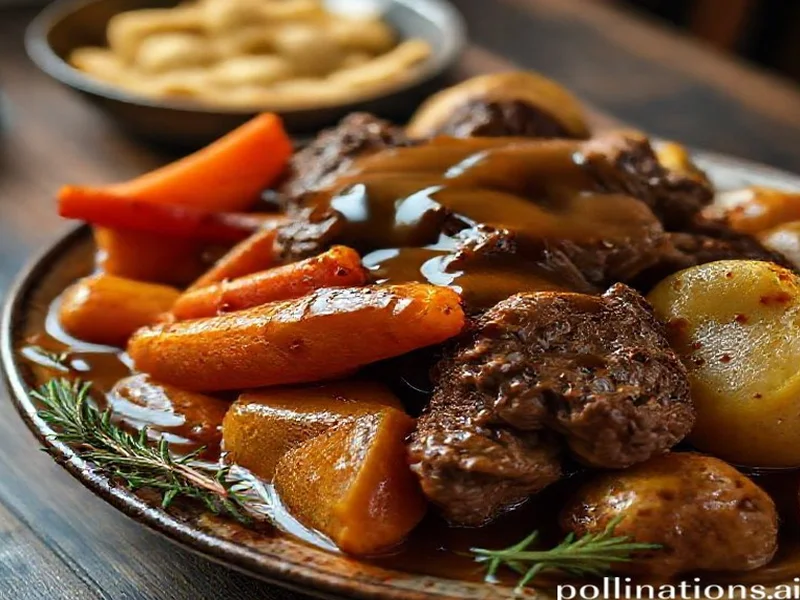 A close-up shot of the finished pot roast on a serving platter, with tender beef, carrots, and potatoes, drizzled with gravy. - Ninja Foodi pressure cooker pot roast