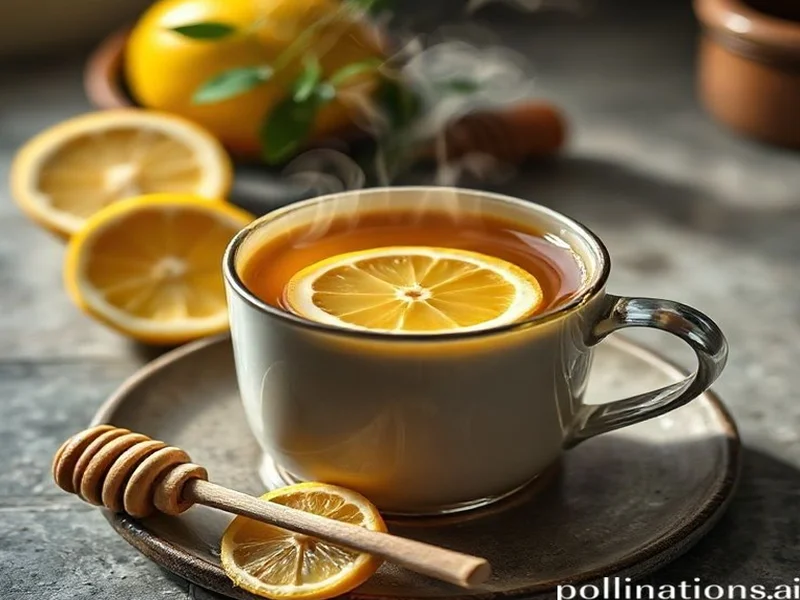 A steaming mug of the homemade medicine ball tea with lemon slices and a honey dipper nearby. - Homemade Starbucks medicine ball recipe