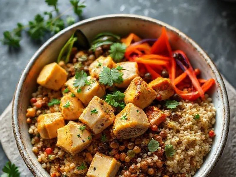 A Vibrant Bowl Of High Protein Vegan Dinner With Tofu, Lentils, Quinoa, And Colorful Vegetables, Garnished With Fresh Herbs. - High protein vegan dinner for bodybuilding