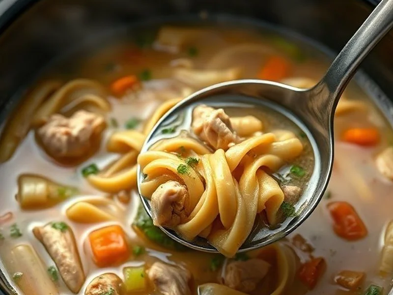 Delicious Slow Cooker Chicken Noodle Soup Simmering In A Crockpot, With Chicken, Vegetables, And Broth Visible. A Ladle Is Poised To Serve. - Slow cooker chicken noodle soup for a cold