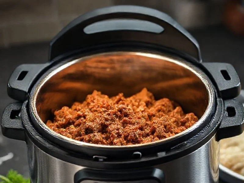 Instant Pot with lid open showing cooked ground beef - Instant Pot frozen ground beef