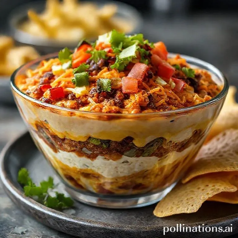layered taco dip in a clear glass dish with a side of tortilla chips