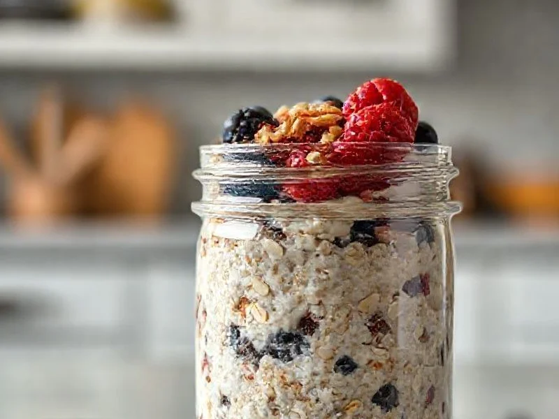 Overnight Oats In A Jar With Berries And Nuts On Top, Ready To Eat, Bright Kitchen Setting. - High fiber breakfast for gut health