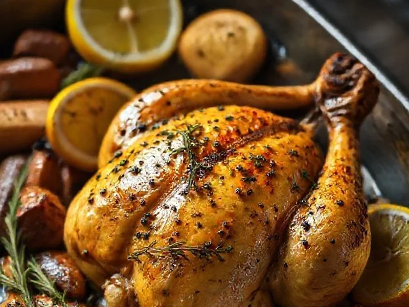 Roasted Lemon Herb Chicken With Root Vegetables In A Roasting Pan - Gluten free dairy free dinner for guests