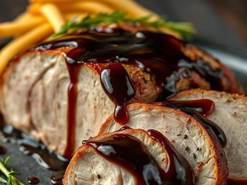 Sliced slow cooker pork loin drizzled with thick balsamic glaze - Slow cooker pork loin with balsamic glaze