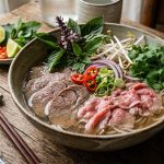 Vietnamese Pho with Beef Traditional Broth and Fresh Herbs