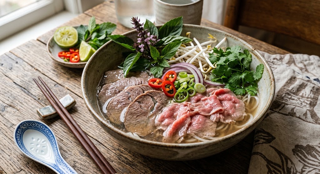 Vietnamese Pho with Beef Traditional Broth and Fresh Herbs