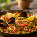 Spanish Paella served on a wooden table, freshly made and ready to serve