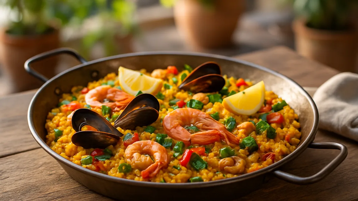 Spanish Paella served on a wooden table, freshly made and ready to serve