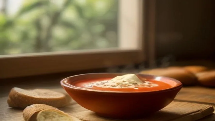 what bread goes with soup served on a wooden table, freshly made and ready to serve