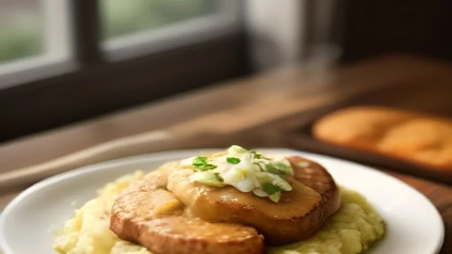 what to serve with pork chops served on a wooden table, freshly made and ready to serve