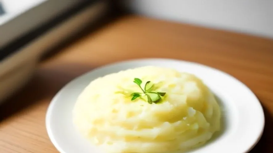 mashed potatoes gluey served on a wooden table, freshly made and ready to serve
